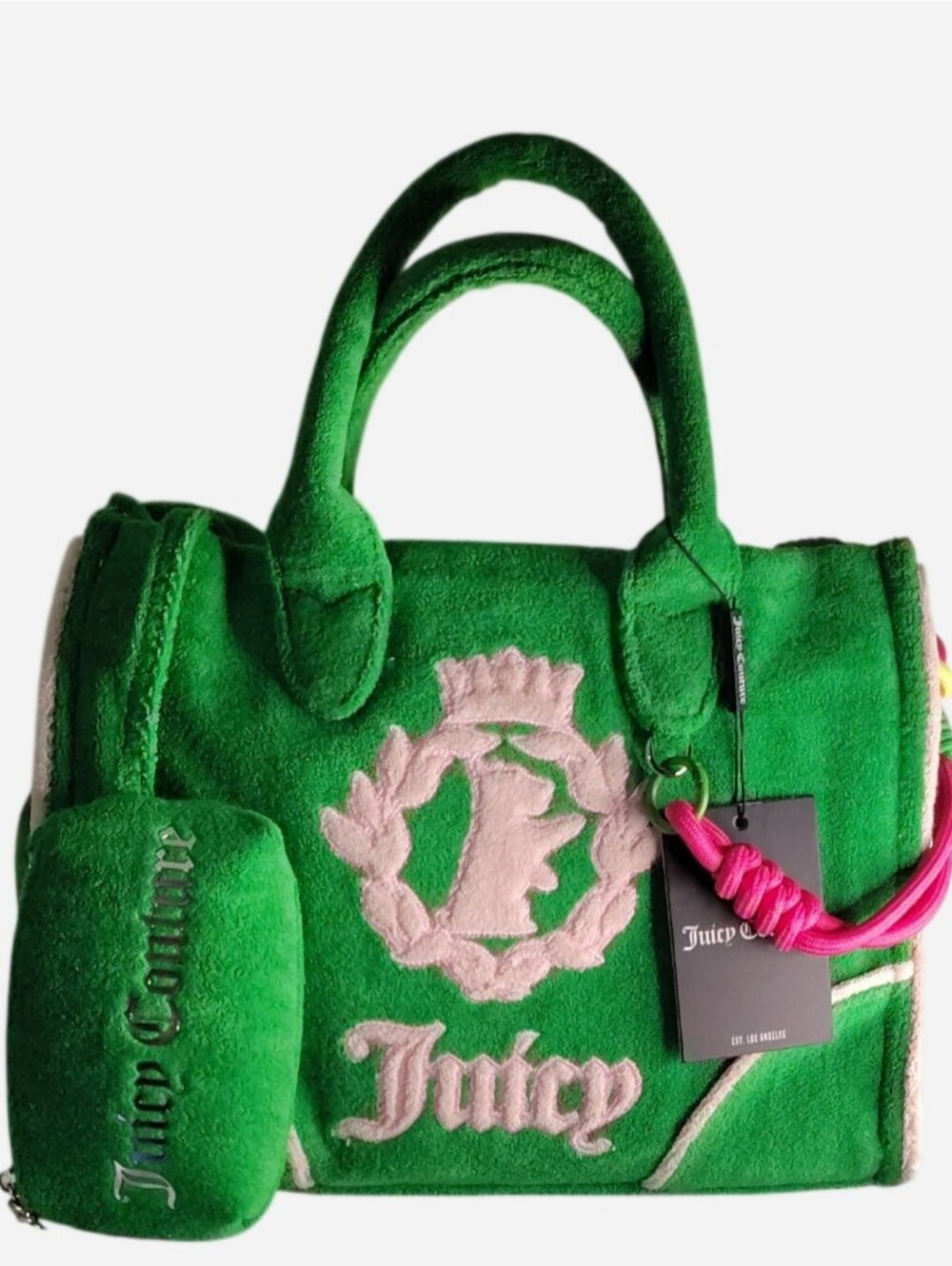 Juicy Couture Green Plush Tote with Pink Logo Accents